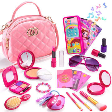 Girl Purse with Play Makeup Kit, Little Kids Pretend Make Up Handbags with Pink Cosmetics Accessories, My First Purse Toys for T