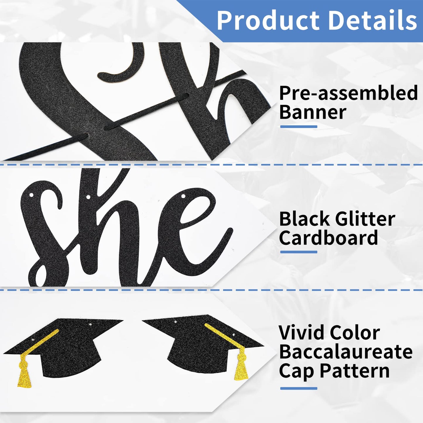 She Believed She Could So She Did Banner Decorations - Black Glitter She Did It 2024 Garland Graduation Bunting Banner, Congrats