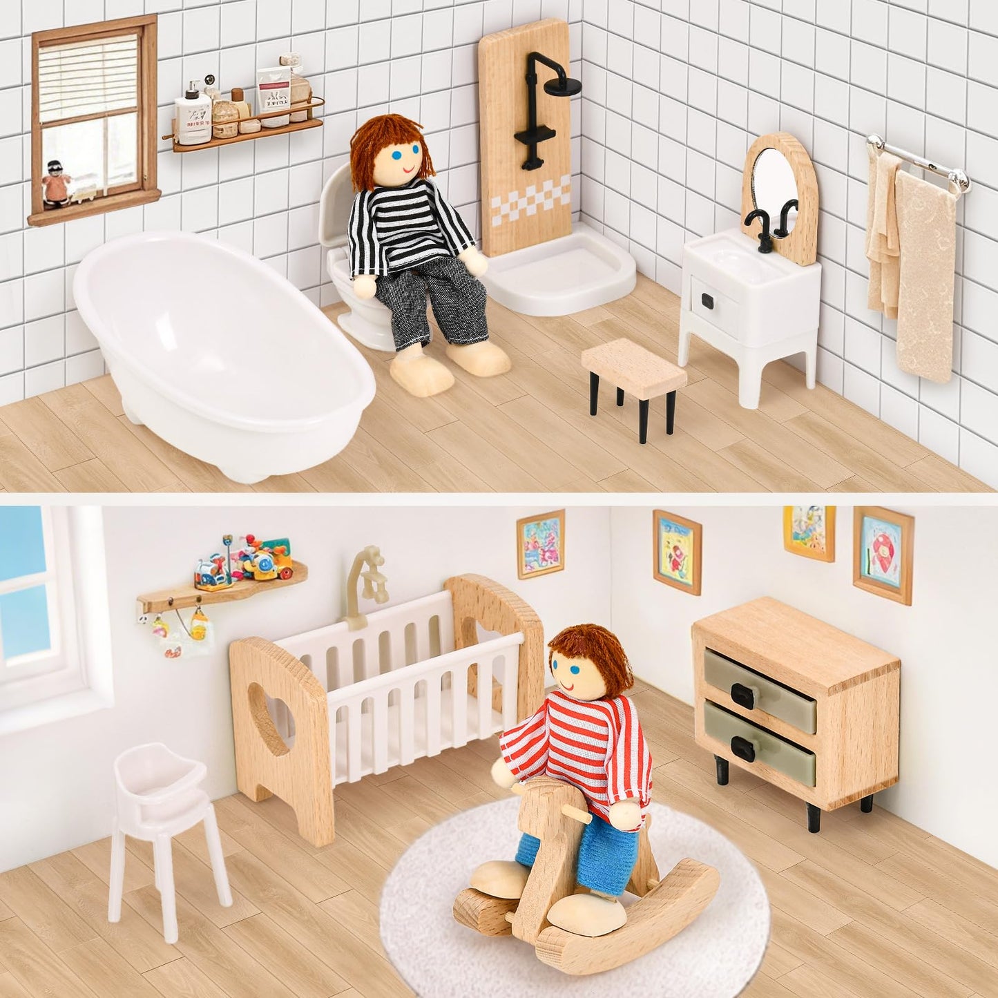 Toyssa Wooden Dollhouse Furniture Set, 36Pcs Miniature Doll House Accessories With Colorful 5 Room & 4 Flexible Family Dolls, Pr