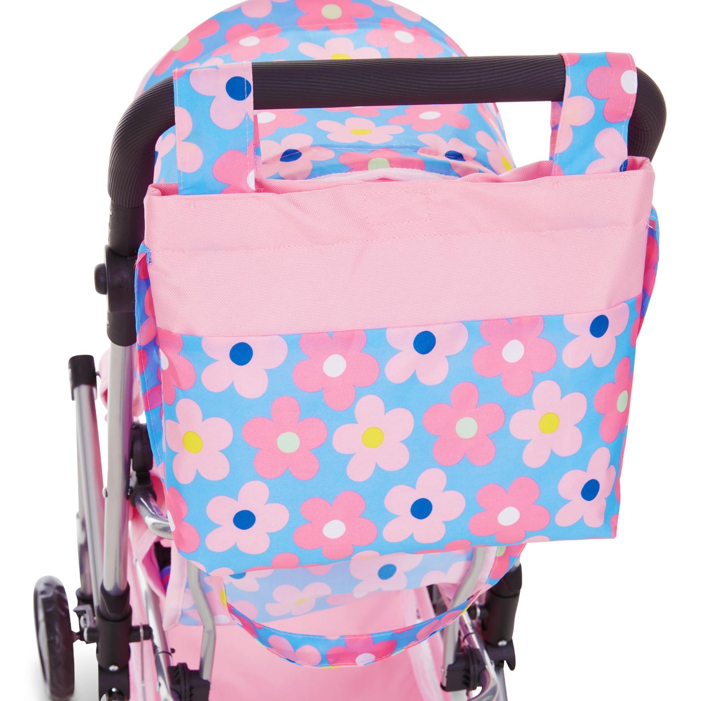 Baby Doll Double Stroller  Twin Buggy Carriage Pretend Play for Girls Kids Toddlers 27 Inches High Rotating Wheels Storage Basket Diaper Bag Pink