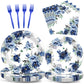Wiooffen 96 Pcs Peony Party Supplies Set Blue Flower Paper Plates Peony Theme Party Plates Summer Holiday Wedding Baby Shower Bi