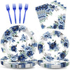 Wiooffen 96 Pcs Peony Party Supplies Set Blue Flower Paper Plates Peony Theme Party Plates Summer Holiday Wedding Baby Shower Bi