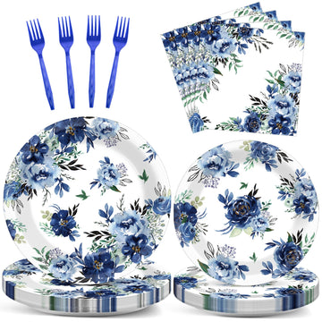 Wiooffen 96 Pcs Peony Party Supplies Set Blue Flower Paper Plates Peony Theme Party Plates Summer Holiday Wedding Baby Shower Bi
