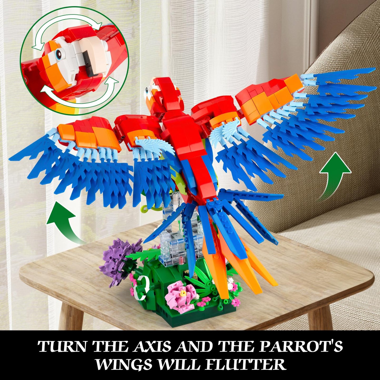 Vziimo Parrot Floral Building Set, Moc Flower And Parrot Collectible Table Art Kit, Creator 2 In 1 Animals Bird Ideas Gifts Toys For Adults And Kids Age 12+ (1176 Pcs)