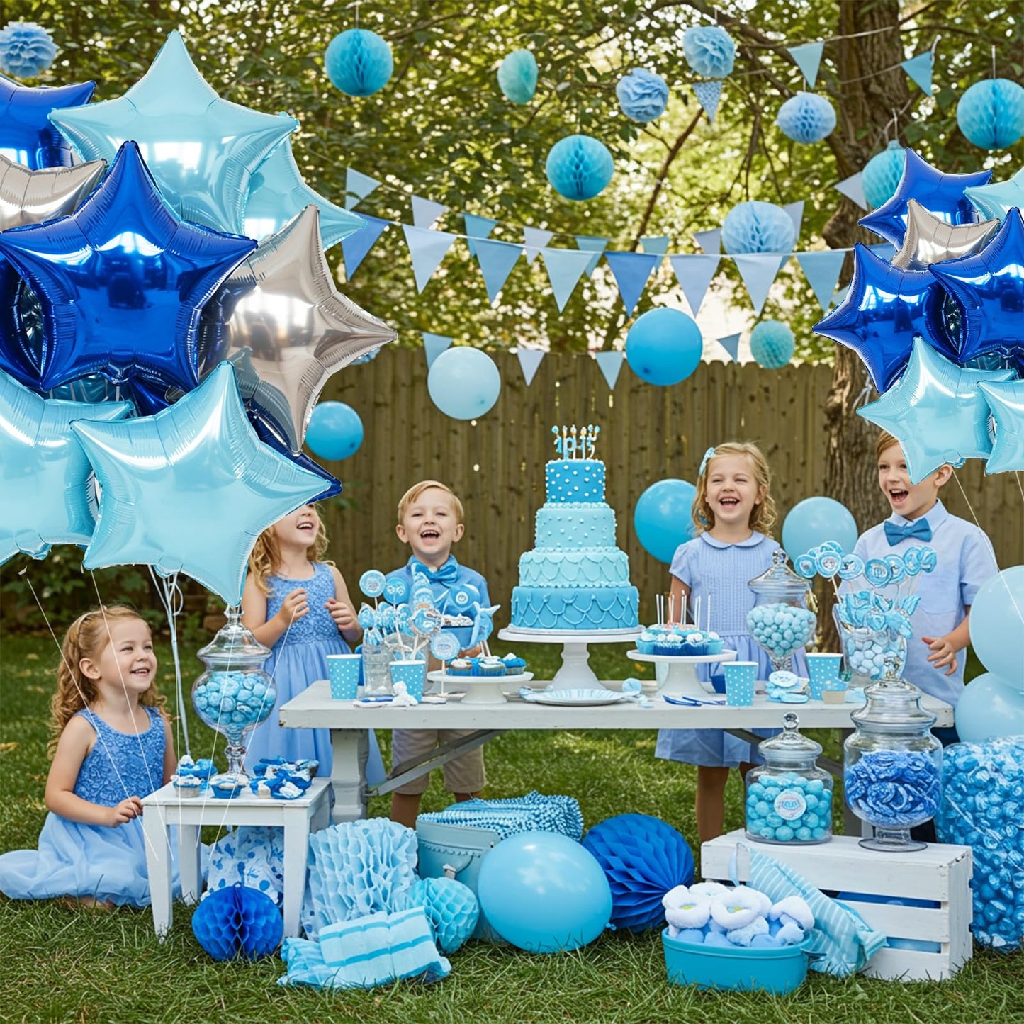 TONIFUL 15Pcs 18 Inch Large Blue Silver Star Shape Foil Balloons Big Stars Helium Mylar Ballons for Birthday Wedding Baby Shower