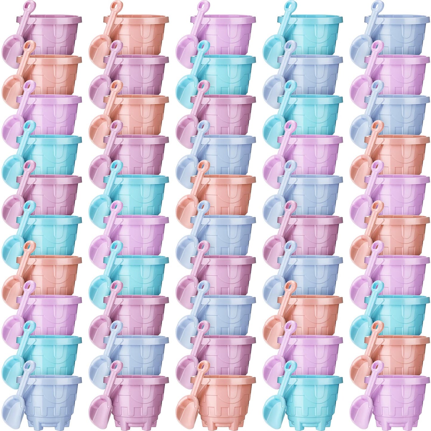 Sosation 100 Pcs Sand Buckets and Shovels for Kids Bulk 5.5 Inch Plastic Castle Model Sand Buckets and Beach Shovel Toys Beach P