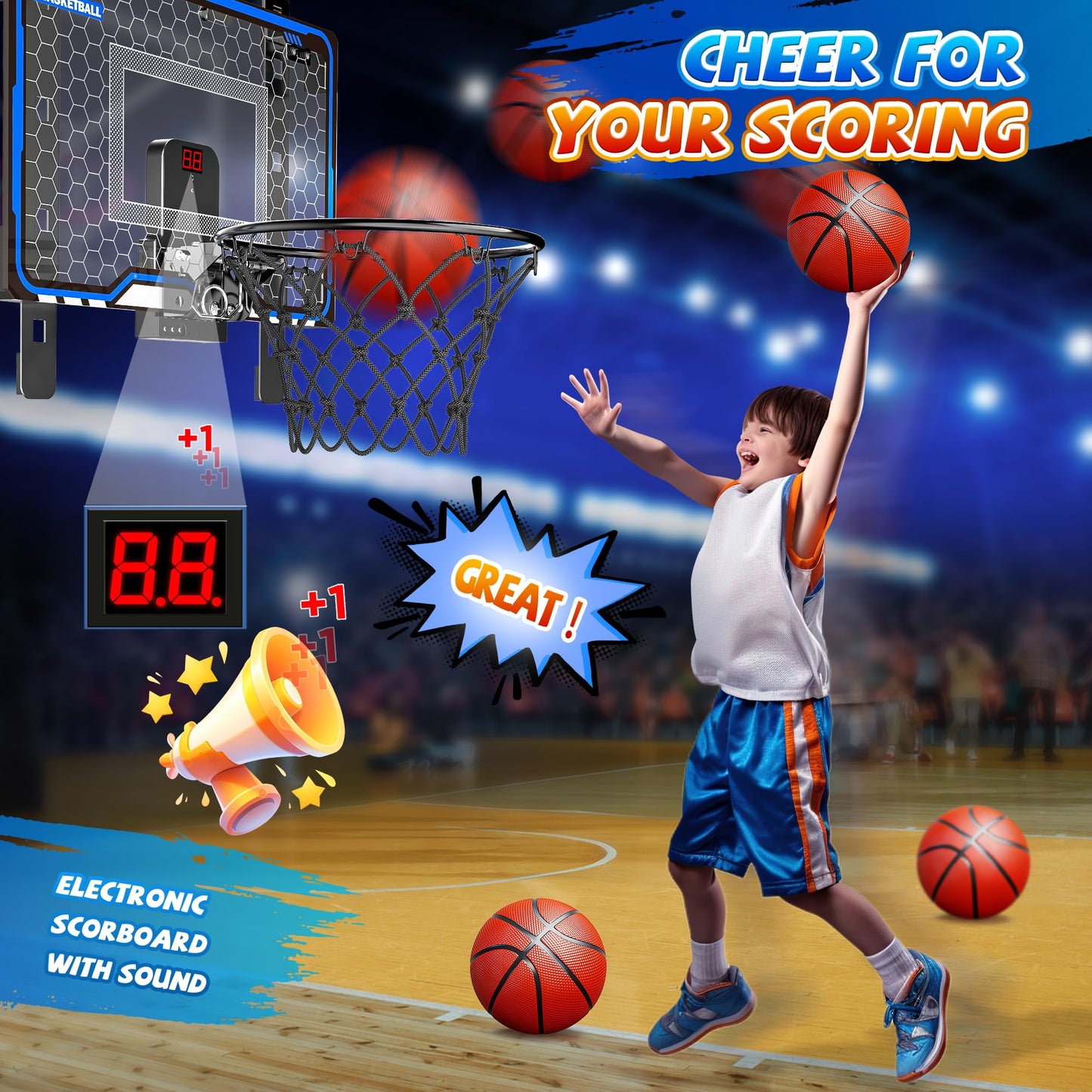 Hoperock Indoor Basketball Hoop Toys For Kids, Adjustable Height Basketball Hoop Over The Door, Mini Hoops With Scoreboard, Basketball Toys Christmas Birthday Gifts For Boys Age 4 5 6 7 8 9 10 11 12+