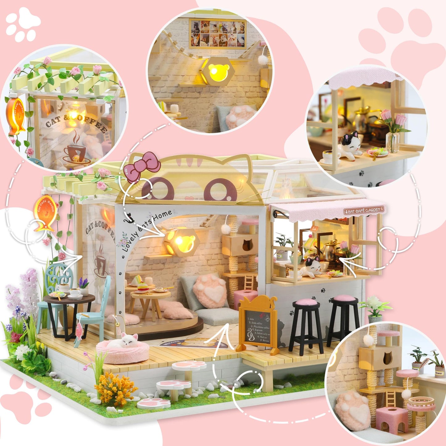 Kisoy Dollhouse Miniature with Furniture Kit  Handmade DIY House Model for Teens mature-themed Gift (Cat Cafe Garden)