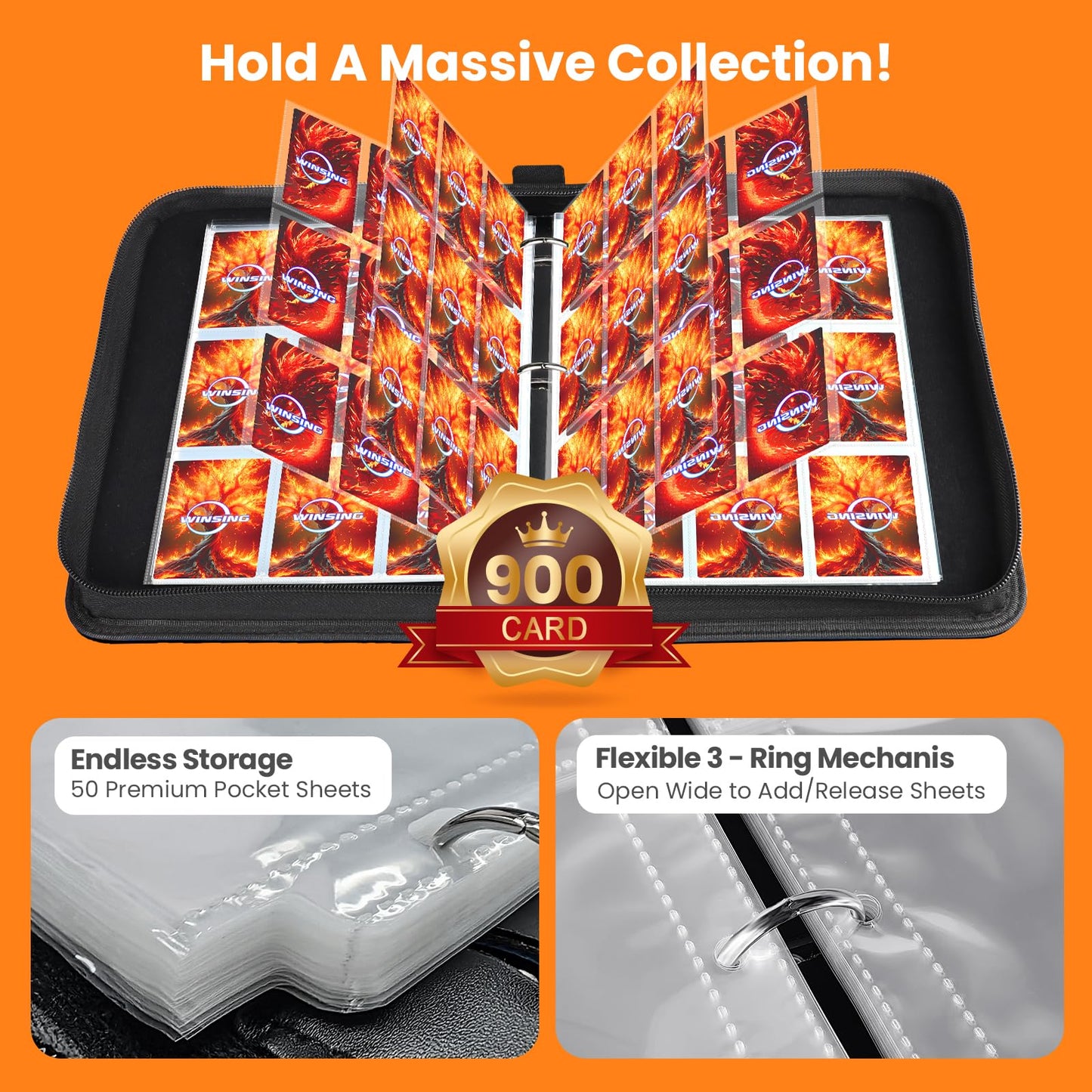 Winsing Card Binders 9 Pocket with 900 Pockets enhanced Zipper Case with 50 Removable Pages  Trading Folder Album Sleeves Holder Sheets for Game and Sports Cards Gifts for Boys and Girls  Yellow