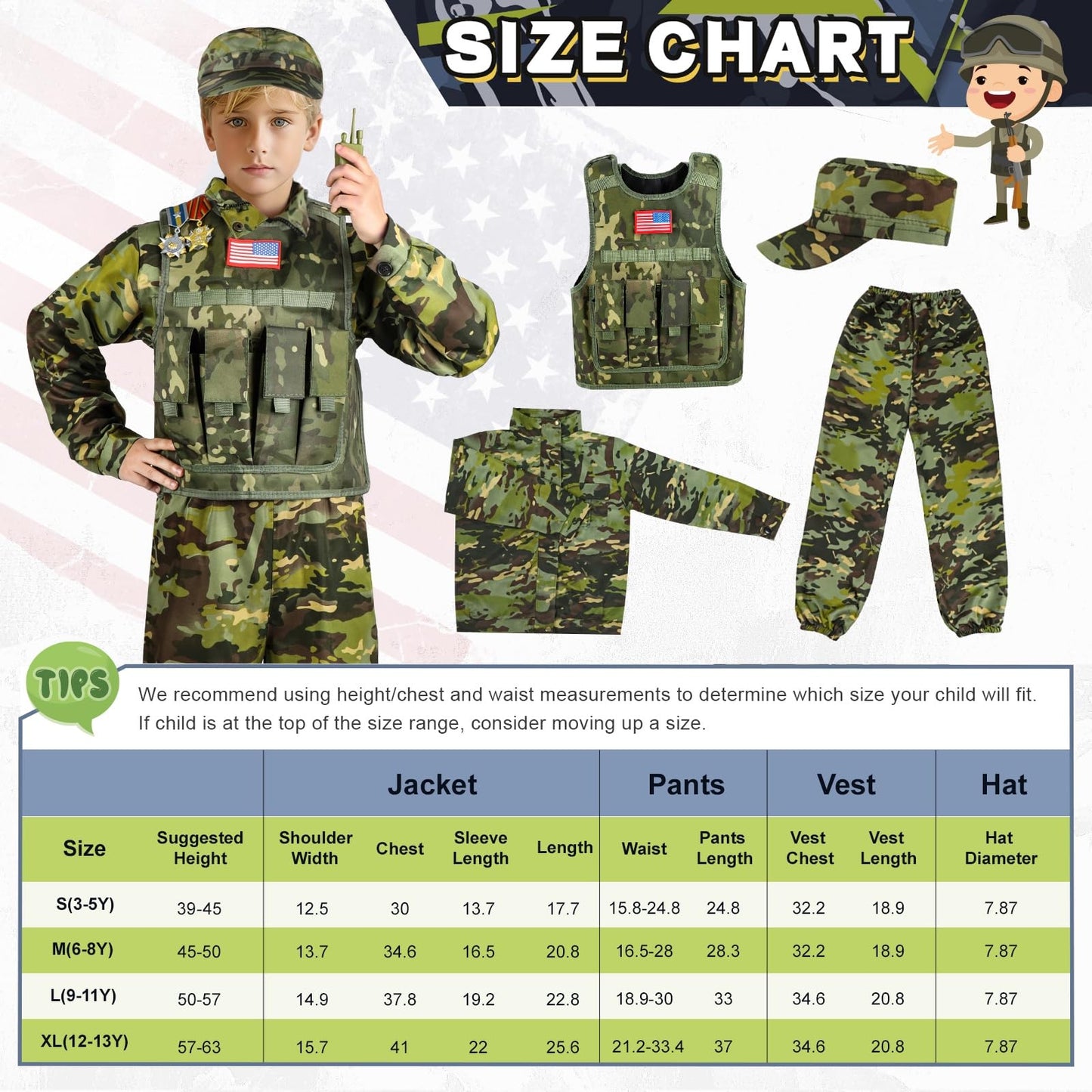 Metemot Kids Army Costume - Military Soldier Outfit with Camouflage Vest & Army Toys, Size M (6-8y), Boys Halloween Dress Up, Green Camo