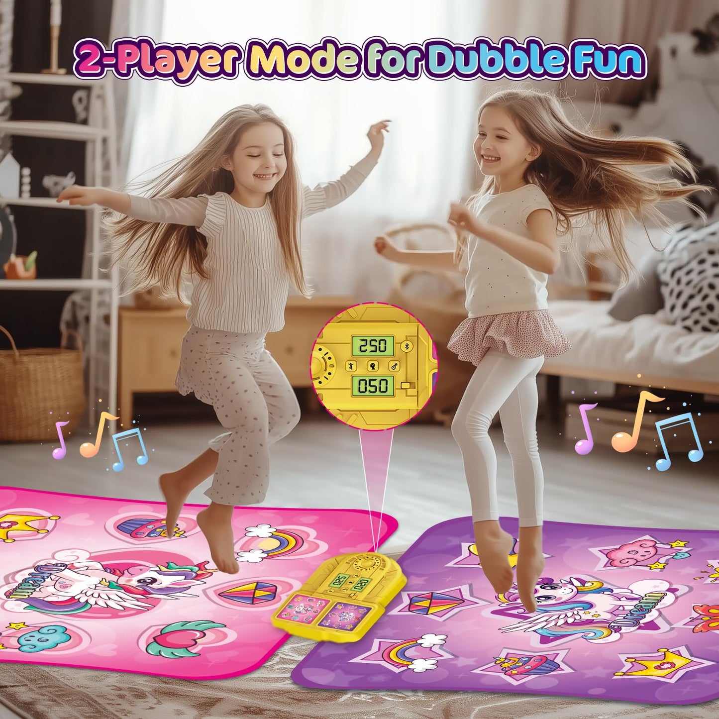 VATOS Double Dance Mat for Girls - 4 Game Modes & 9 Challenge Levels with Adjustable Volume, Led Light & Wireless Bluetooth | Mu