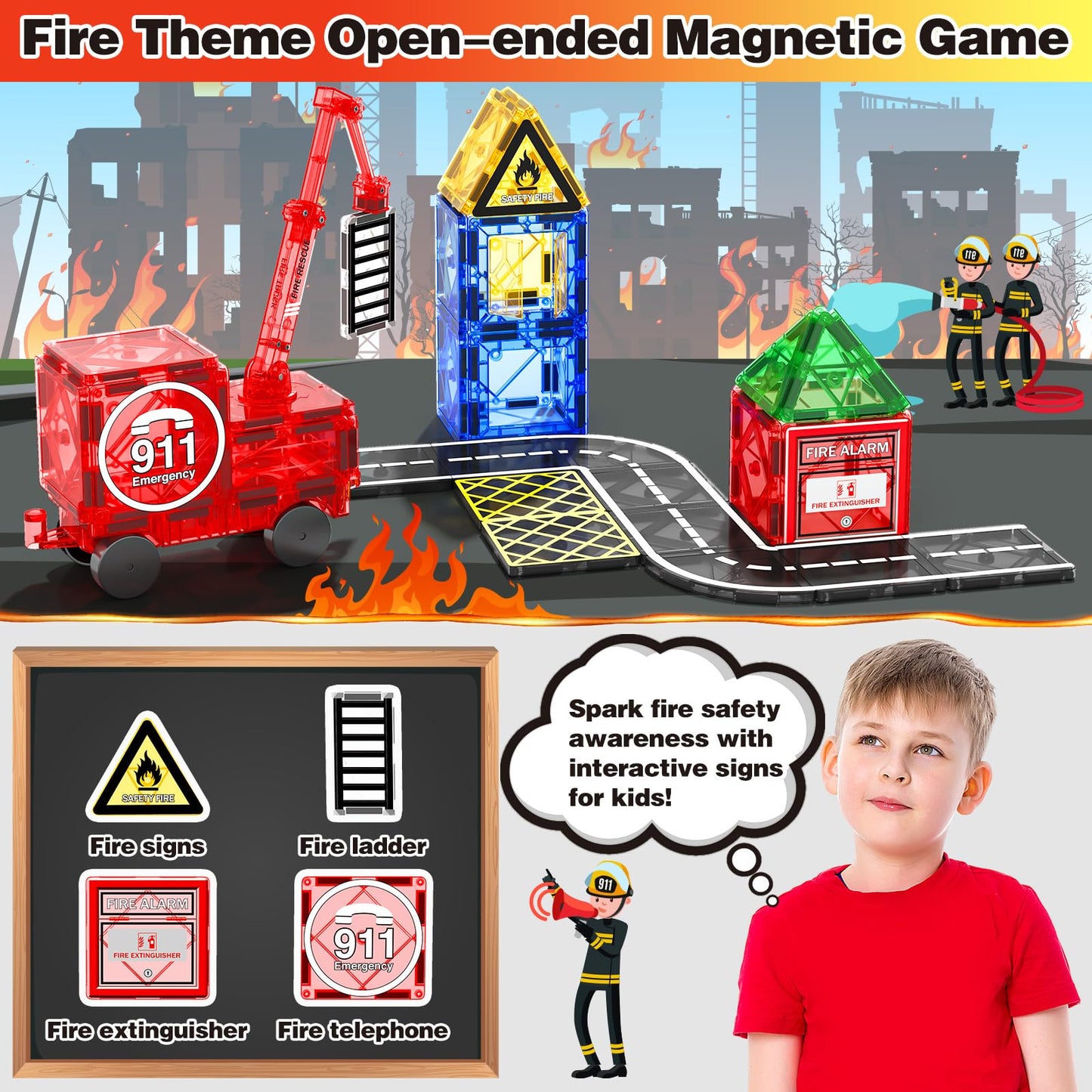 Magnetic Tiles Road Set With Magnetic Crane Edition Car Toys, Magnet Building City Fire Kids Toys For 3 4 5 6 7 Years Old Boys Girls, Magworld Kids Games Construction Stem Toys For Boys Gifts