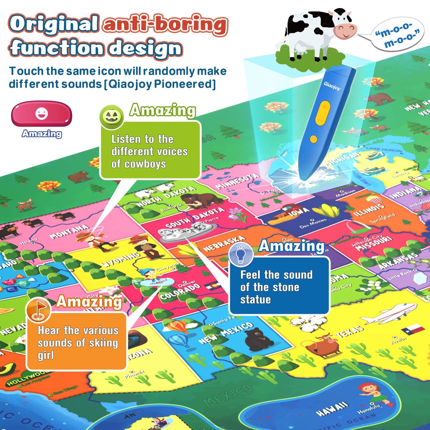 Qiaojoy Bilingual Interactive For Kids Talking Usa Map For Kids Learning, Geography Toys Games Educational Electronic Map Christ