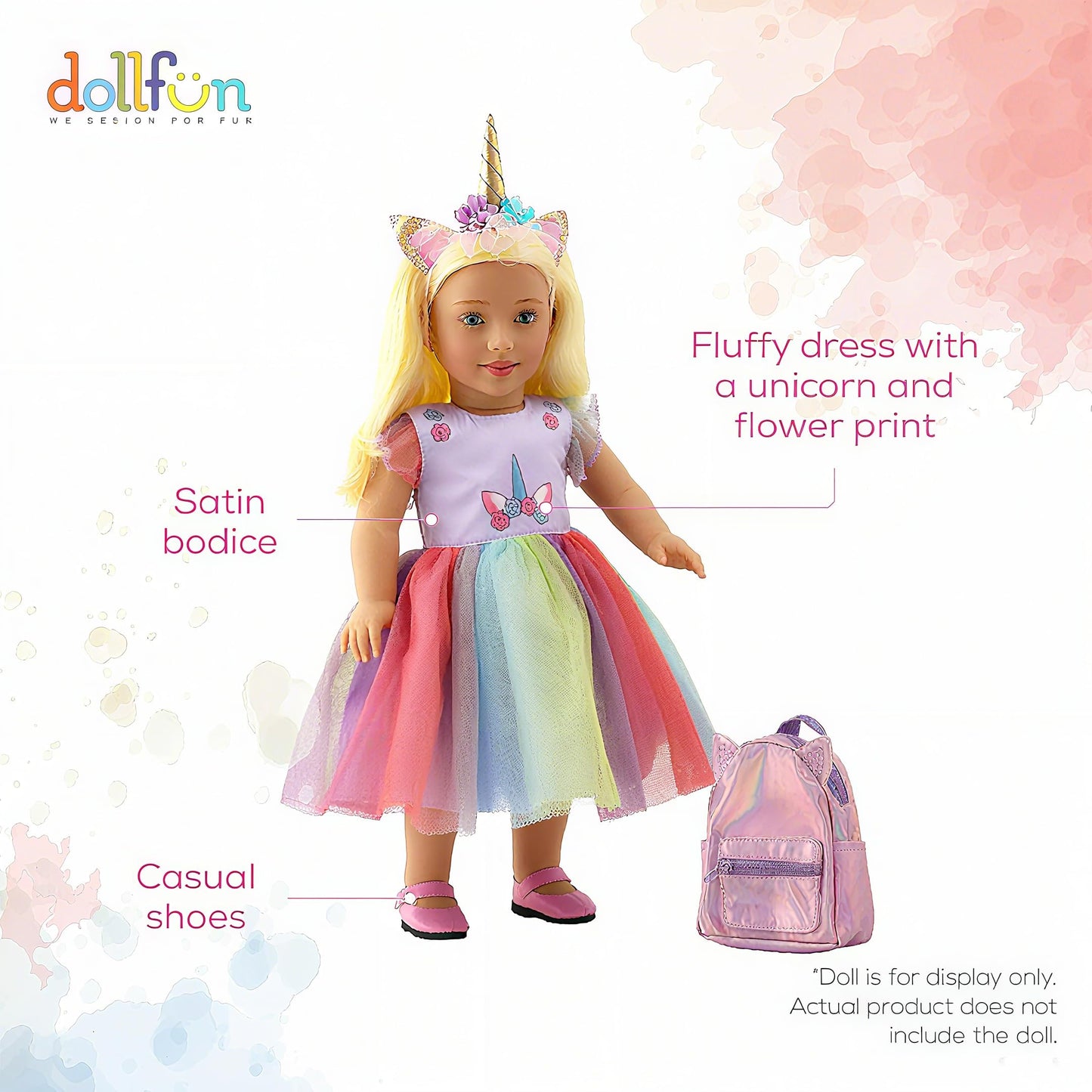 DOLLFUN 18 inch Doll Clothes and Accessories  Unicorn Dress Set Includes Shoes  Unicorn Headbands & Backpack(Compatibie with Most 18 Inch Doll)
