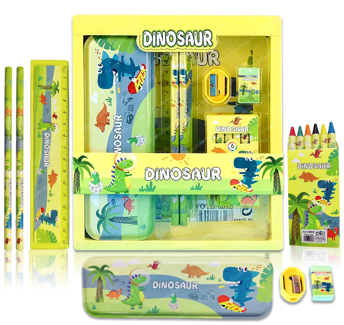 Funblast Kawaii Stationery Set For Kids  Dinosaur Theme, Pencil Box, Pencils, Crayons, Sharpeners, Erasers, School Stationery S