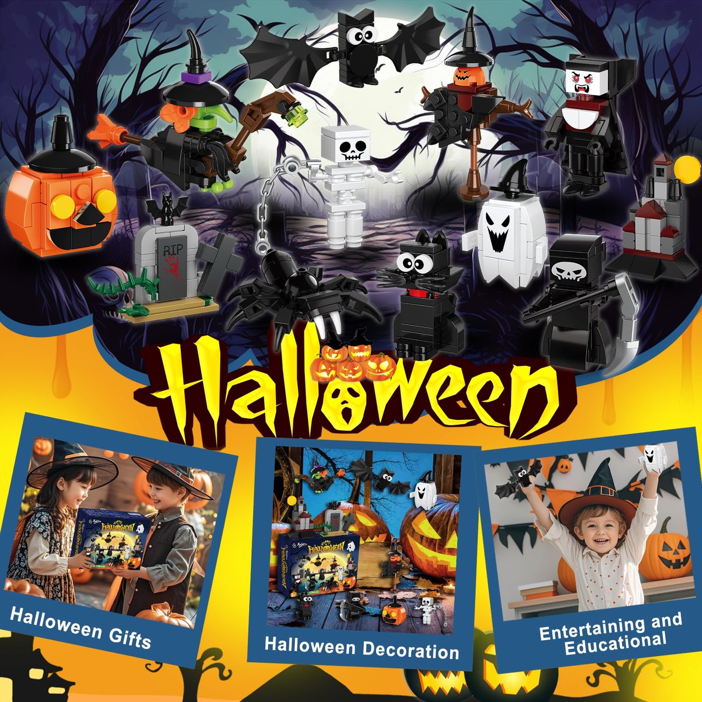 Halloween Party Favors Toys For Kids, Halloween 12 Pieces Building Blocks Toy Gift With Ghost Witch Cat Pumpkin Haunted Mini Cut