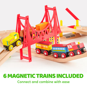 110Pcs Montessori Wooden Train Set - Urban Journey, City Scene Railway Set With Magnetic Trains, Cars, Helicopter & Ship, Perfec
