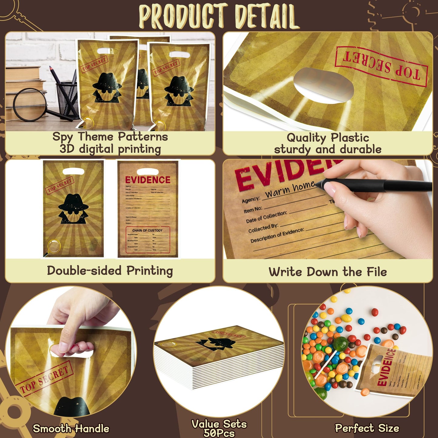 50Pcs Top Secret Spy Party Favor Bags Secret Agent Sweet Goody Candy Treat Bag Escape Room Party Decorations Mystery Spy Theme P
