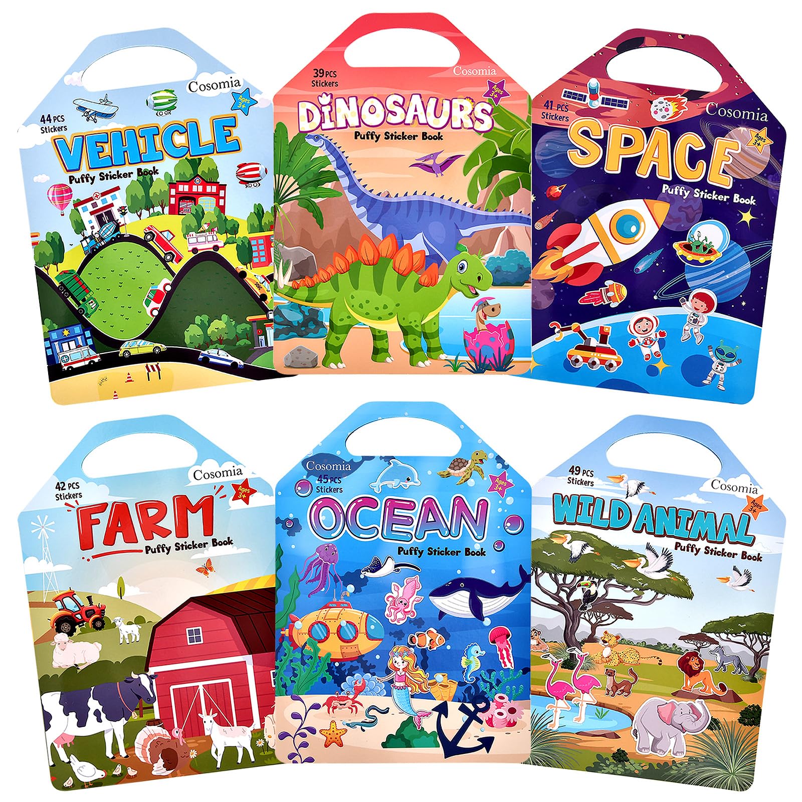 6 Set (260pcs) Puffy Sticker Books Activity for Kids, Animal, Farm, Dinosaurs, Space, Vehicle, Ocean, 3D Reusable Stickers for B