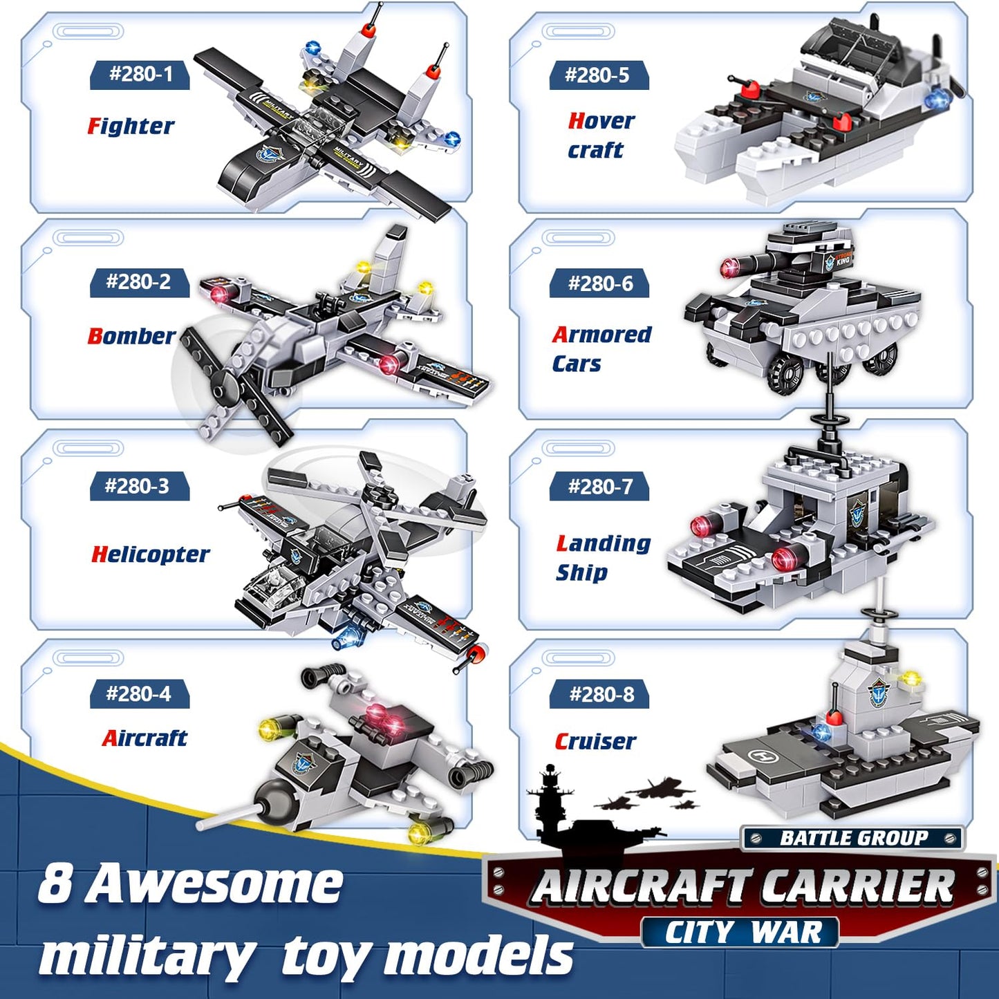 WishaLife 1320 Pieces Aircraft Carrier Building Blocks Set, Military Battleship Model Toy with Army Car, Helicopter & Boat, Mili