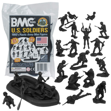 Bmc Marx Plastic Army Men Us Soldiers - Black 31Pc Ww2 Figures - Made In Usa