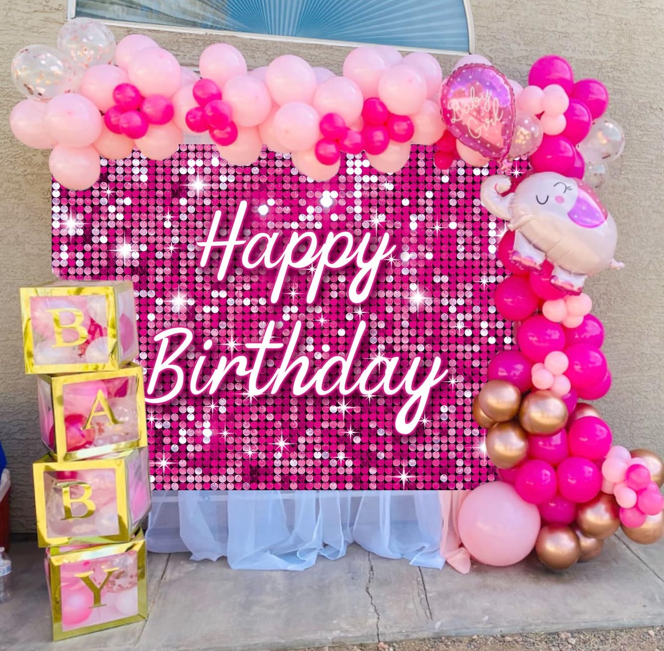 Pink Flash Square Photography Backdrop Hot Pink Happy Birthday Glitter Shinning Sequin Wall Panels Shimmer Wall Background for G