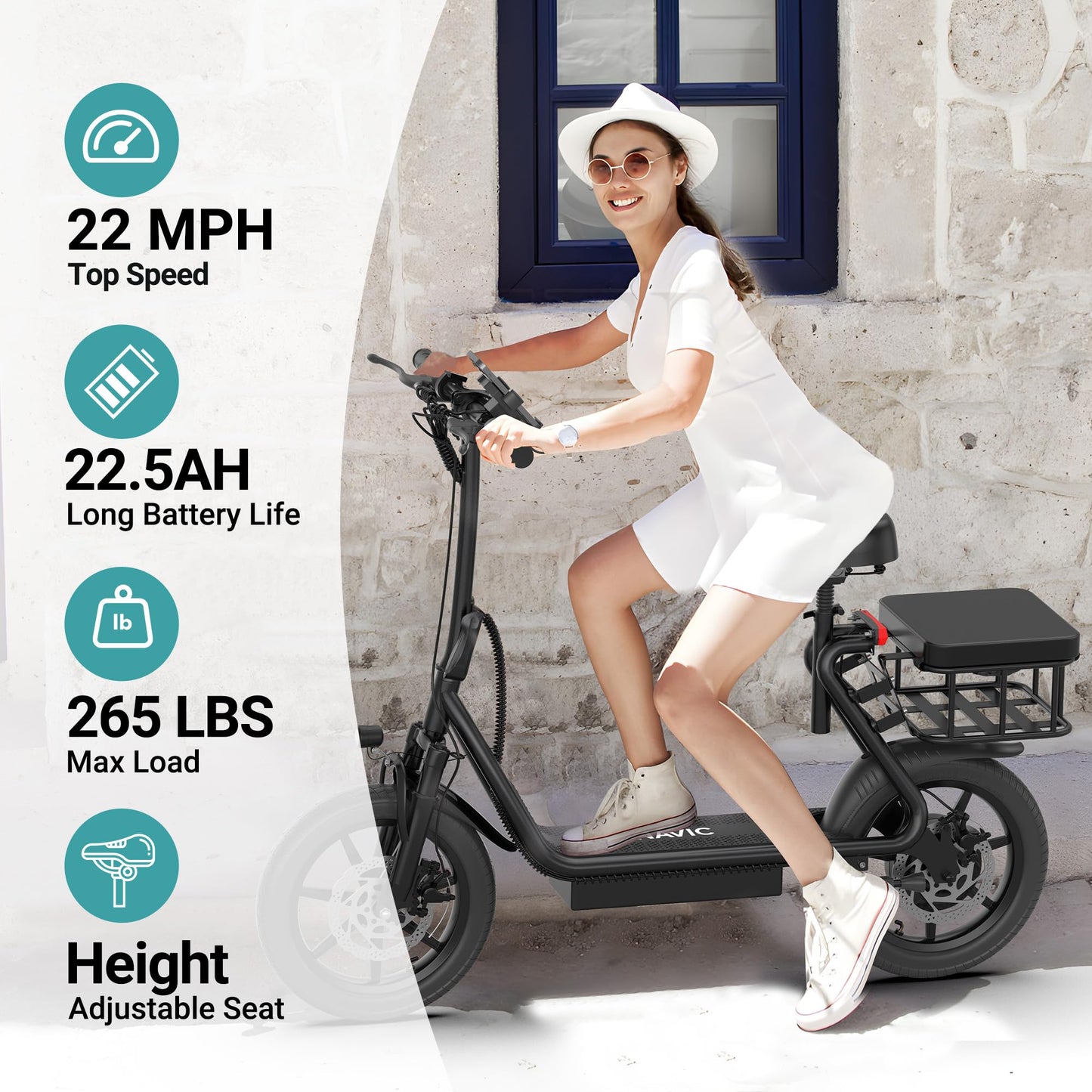 NAVIC T1PRO Electric Scooter Electric Scooter with Seat Max 49 Miles Ranges Top Speed 22 mph 750W Peak Motor for Pets Cargo with Back Basket