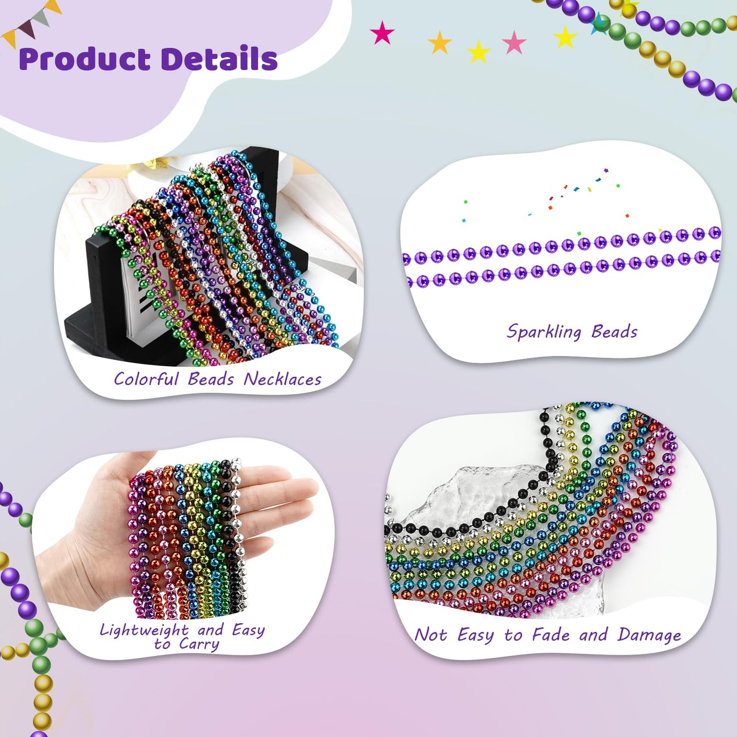 Shaoqinlin 144 Pcs Purple Mardi Gras Beads, 33'' 7 Mm Metallic Purple Bead Necklaces Halloween Beaded Necklaces Purple Party Bea