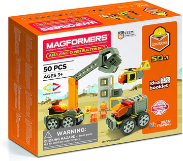 Magformers Amazing Construction 50 Piece Set - Orange Colors, Wheels, Magnetic Tiles, Educational Magnetic Geometric Shapes, Tile Building Stem Toy - Ages 3+