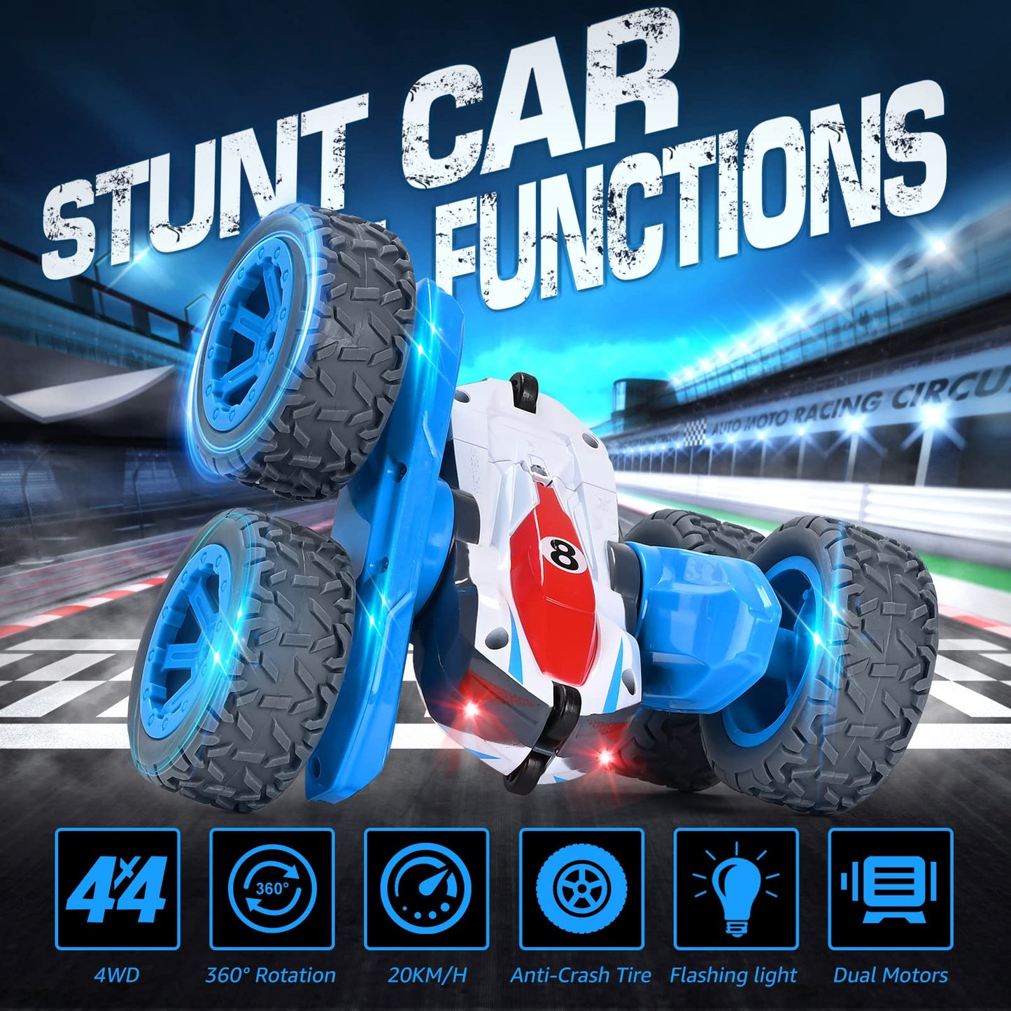 NUOKE Remote Control Car, 4WD RC Cars Stunt Double Sided 360 Rotating 2 Batteries 2.4Ghz RC Truck with Headlight Birthday Gift f
