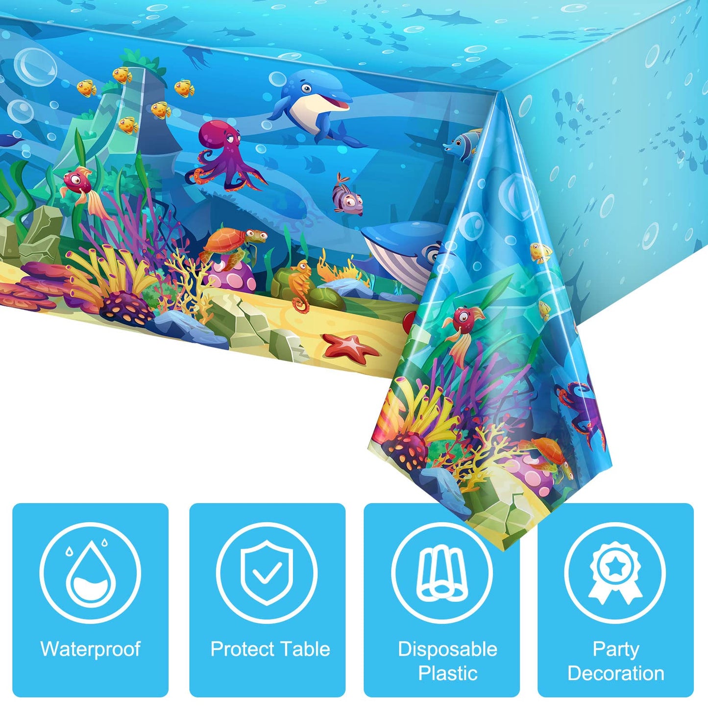 Tiamon 3 Pack Sea Party Tablecloth Ocean Animals Table Cover Underwater Creatures Ocean Sea Life Tablecloth for Kids Ocean Birth