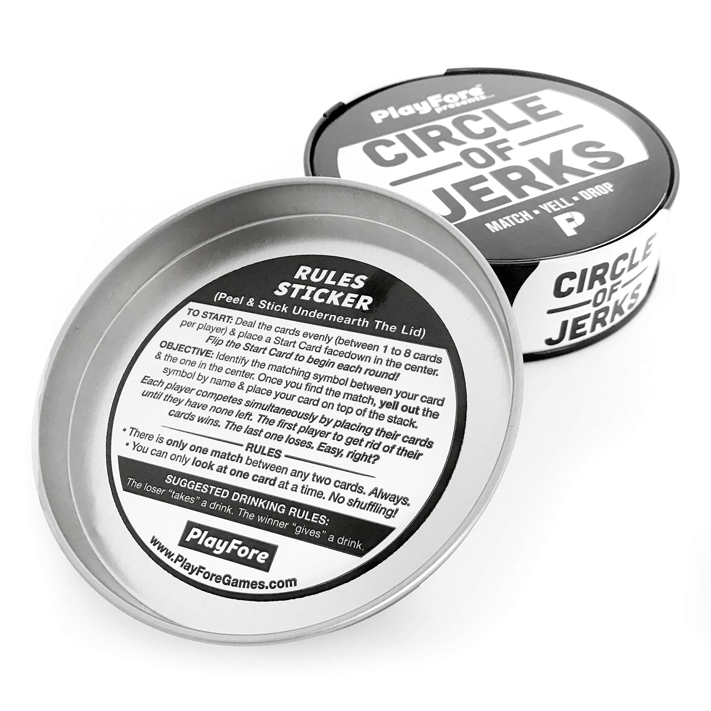 PlayFore Games Circle of Jerks Card Game - Fast-Paced, Funny, Easy to Learn, Tin Can, Black and White