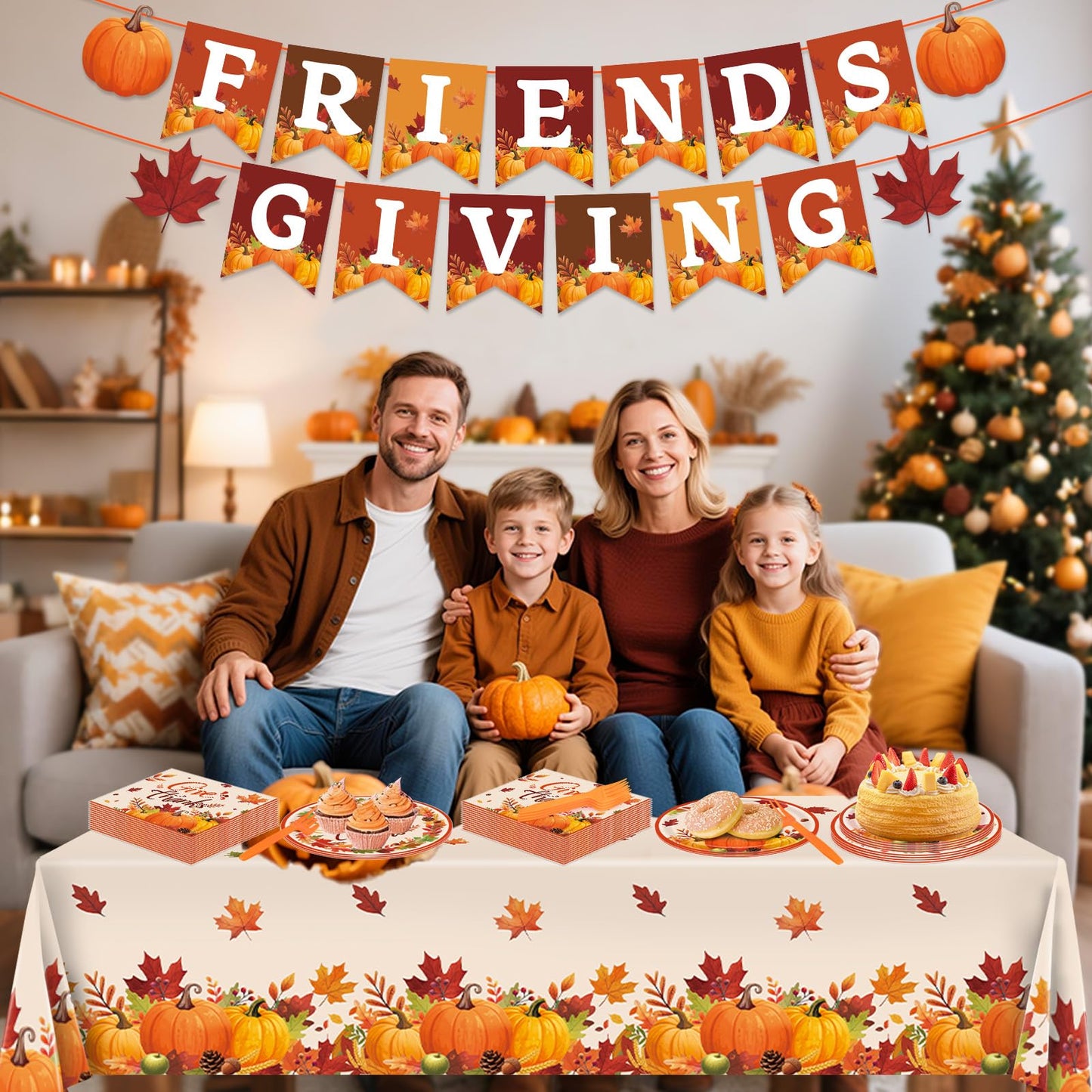 REDWORD Friendsgiving Plates, 98Pcs Friendsgiving Paper Plates-Serve 24 with Friends Giving Banner Fall Pumpkin Tablecloth Napki