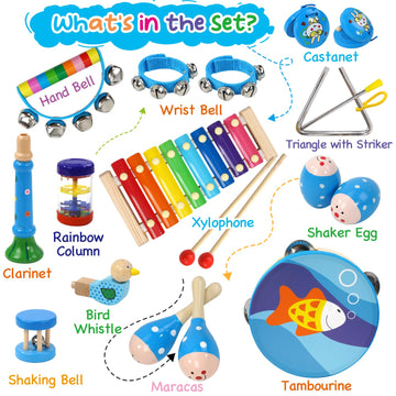 Raimy Kids Musical Instruments Set - Wooden Percussion Instruments Toy For Toddler Baby, Preschool Educational Music Toys For Boys And Girls With Carrying Bag (Blue)