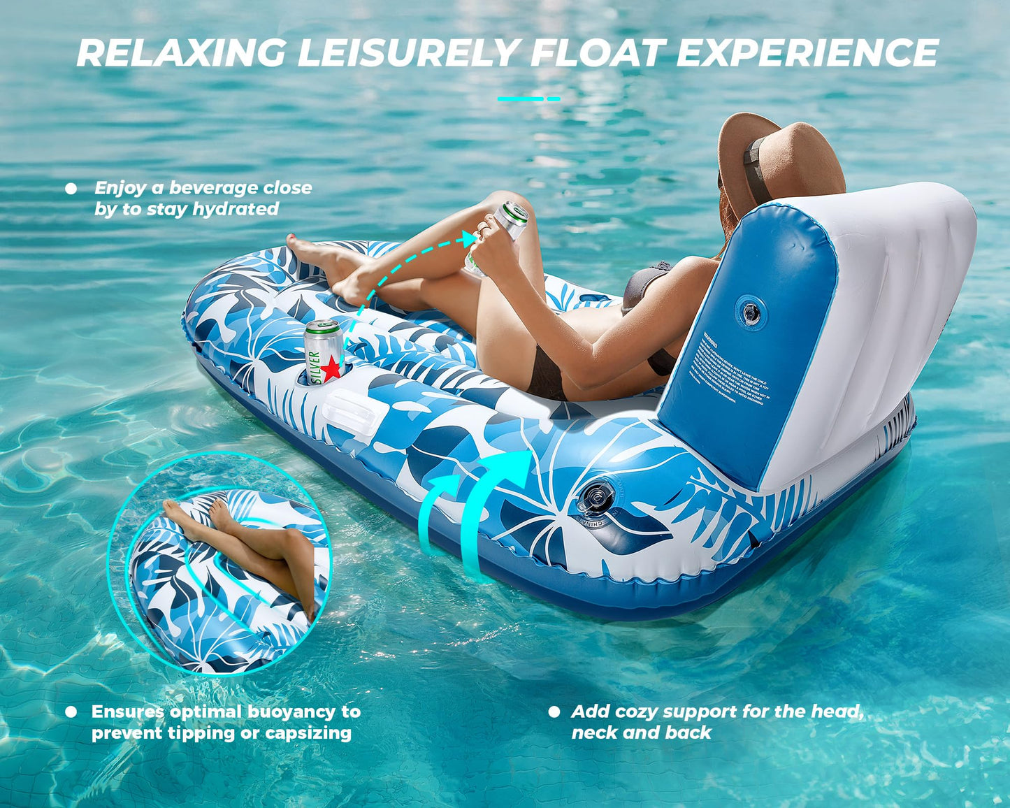 Pool Floats mature-themed Inflatable Tanning Pool Lounger Extra Large River Rafts Sunnbathing Floaties Chair Heavy Duty Water Floating Lounge Recliner with Cupholder Backrest for Party Lake Ocean Sea Beach