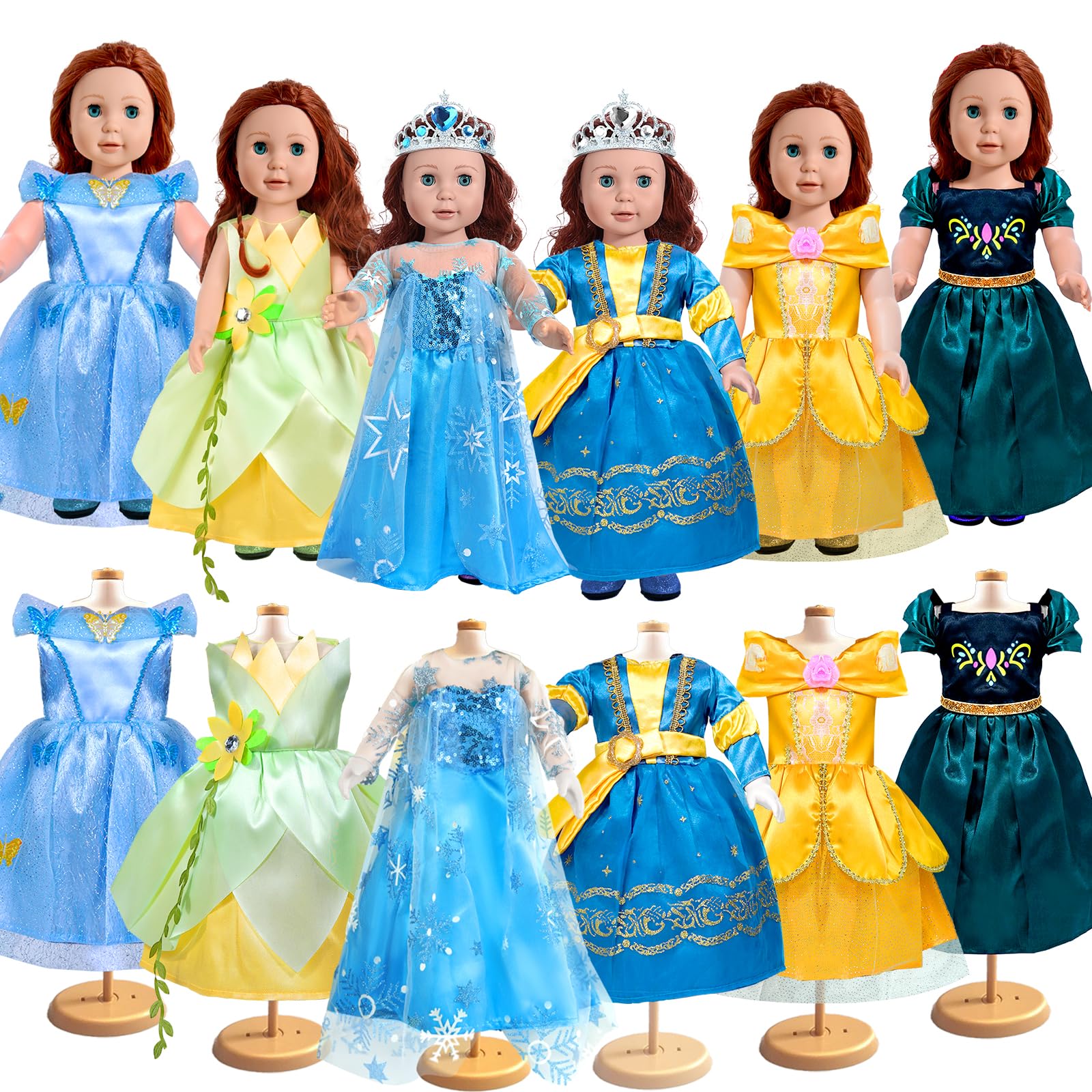 18 Inch Doll Clothes Accessories, 6Pcs Princess Costume Set With Crown Fits For 18 Inch Girl Dolls, Gift For Girl Christmas Birt