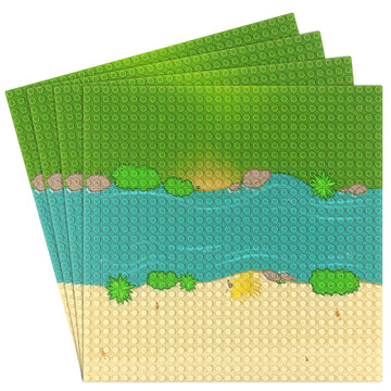 Feleph Classic Baseplate With River And Grassland Pattern, 10 X 10 Inches Base Plates For Building Blocks Mat Compatible With Major Brands (Straight 4 Pieces)