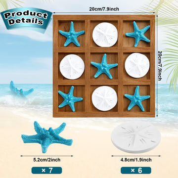 Chunful Beach House Decor Wooden Tic Tac Toe Game With Resin Seashell And Starfish Multilayer Tic Tac Toe Board Fun For Family Travel Beach Game 7.87 X 7.87 X 0.47 Inch (Wood Color)