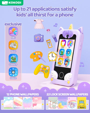 KOKODI Kids Smart Phone Toys, Birthday Gifts Unicorn Toddler Play Phone for Girls 3-10, Touchscreen HD Cell Phone for Kids, Trav