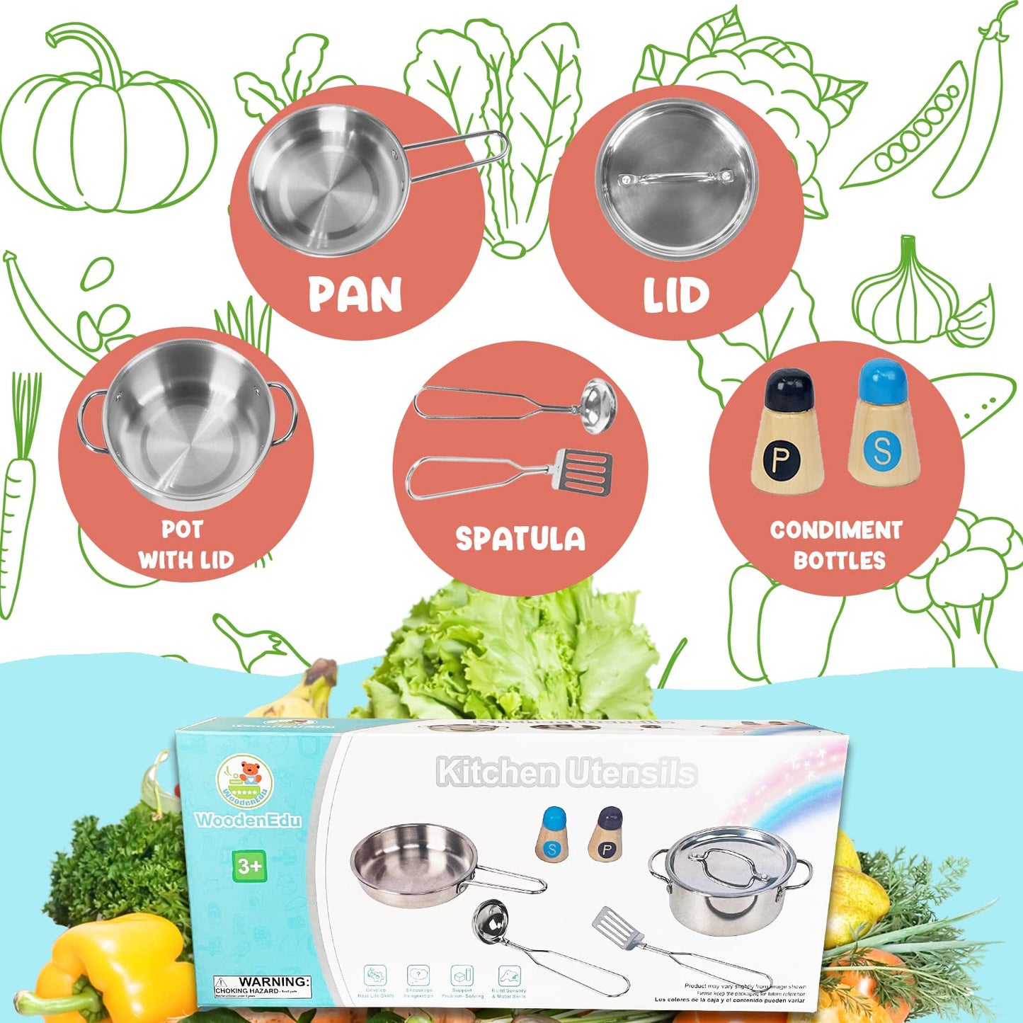 WoodenEdu Kids Play Kitchen Toys, Stainless Steel Kitchen Utensils, Pretend Play Kitchen Accessories, Montessori Learning Toy fo