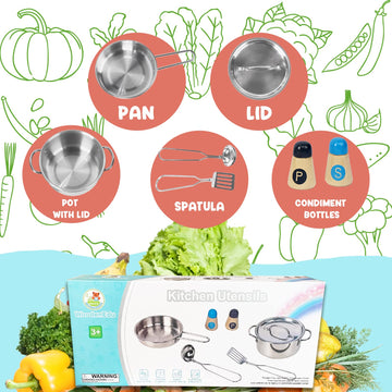 WoodenEdu Kids Play Kitchen Toys, Stainless Steel Kitchen Utensils, Pretend Play Kitchen Accessories, Montessori Learning Toy fo
