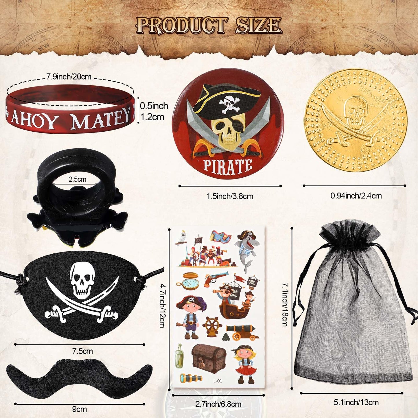 Harrycle 144 Pcs Pirate Party Favors Supplies Include Pirate Bracelet Nautical Tattoo Button Pin Eye Patch Gold Coin Gem Ring Mu