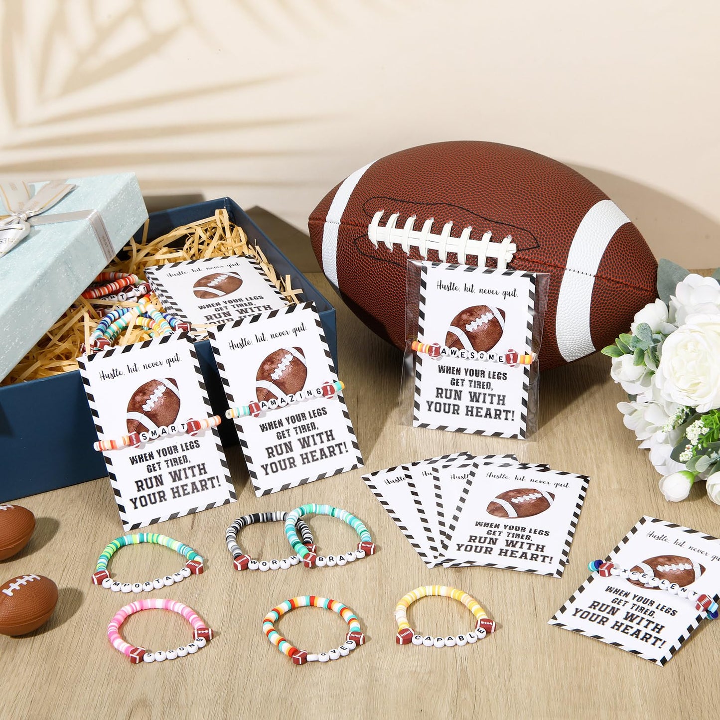 Zeyune 20 Set Football Bracelets Football Team Gifts Bulk for Women Men Stackable Clay Bead Adjustable Bracelets Inspirational S
