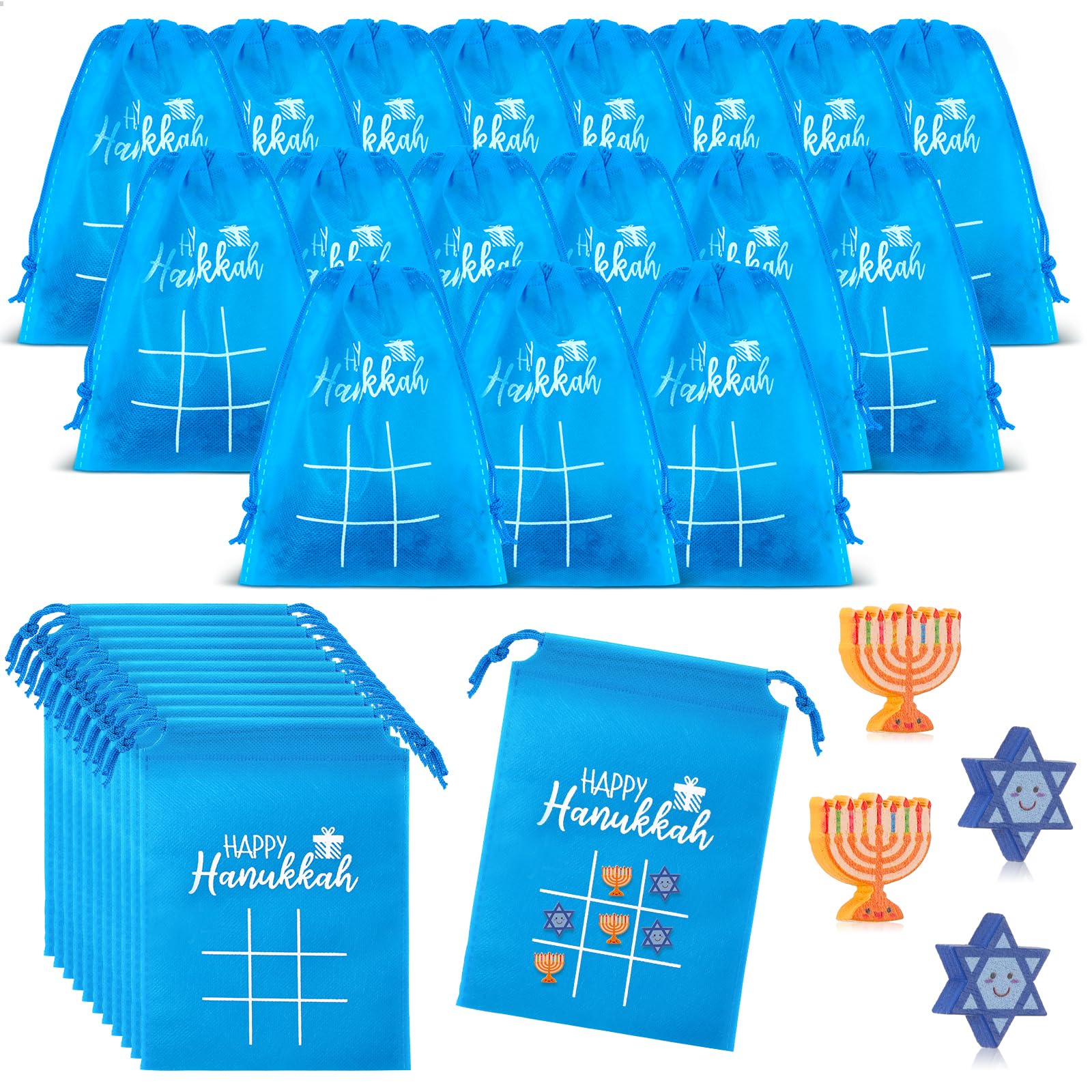 Sotiff 24 Sets Hanukkah Party Favors Hanukkah Tic Tac Toe Game Toys Educational Chanukah Gifts with Drawstring Bags for Boys and