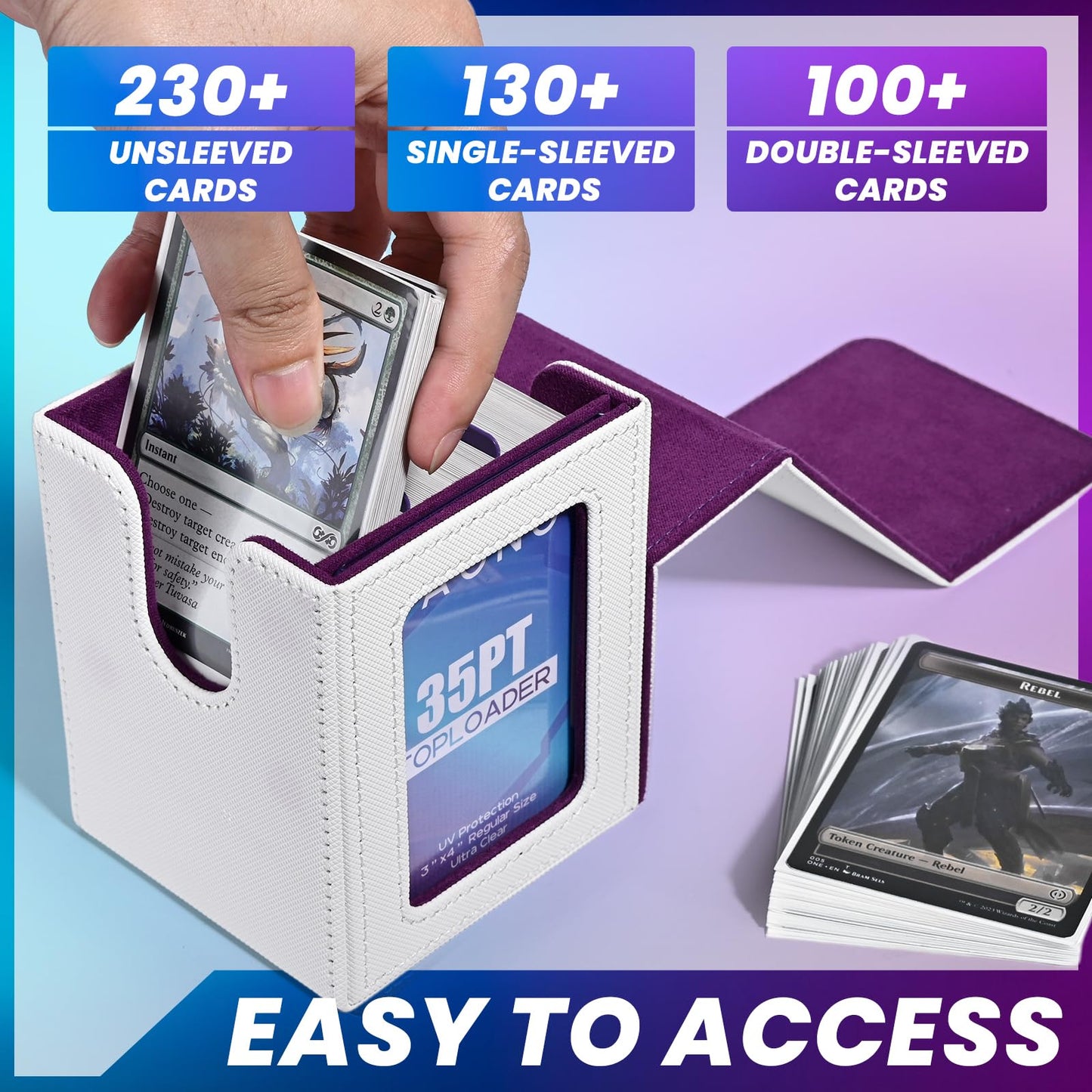 Uaono Card Deck Box With Mtg Commander Display, Deck Case Holds 100+ Double-Sleeved Cards, Trading Card Storage Box Fits Tcg/Ptcg/Sports Card With 2 Dividers, 1 Toploader (White, Purple)