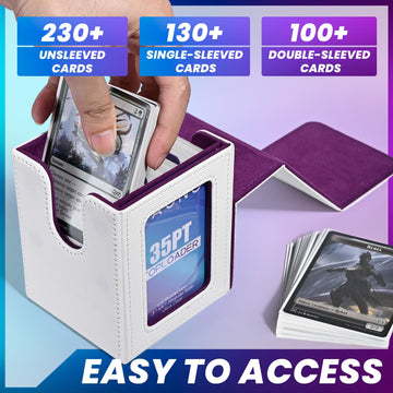 Uaono Card Deck Box With Mtg Commander Display, Deck Case Holds 100+ Double-Sleeved Cards, Trading Card Storage Box Fits Tcg/Ptcg/Sports Card With 2 Dividers, 1 Toploader (White, Purple)