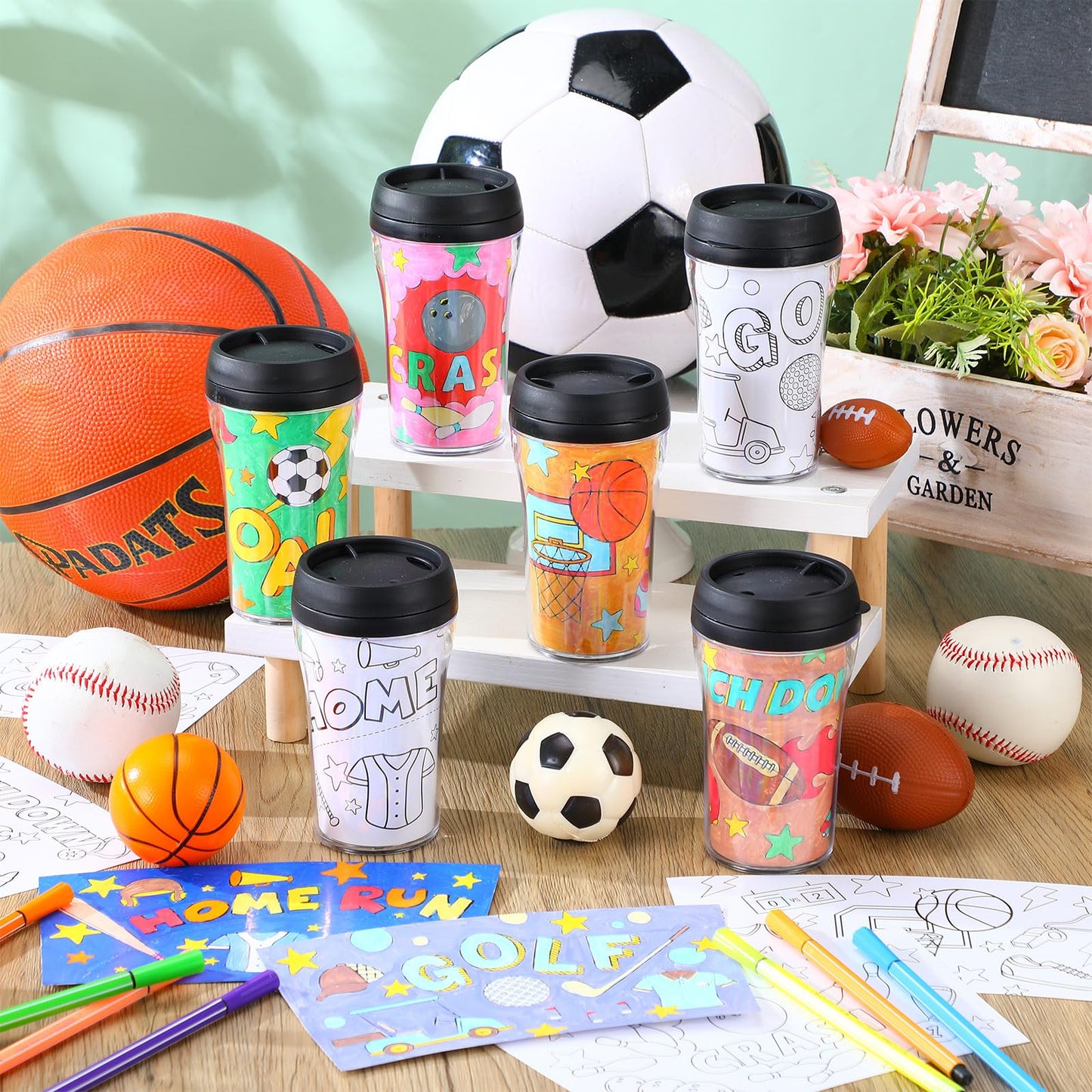 Yiyiring Set of 12 Color Your Own Sports Ball Cups, 10 oz, Black/White, DIY Plastic Mugs for Parties and Classroom Activities