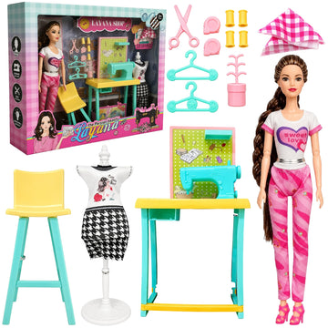 DZLING Fashion Sewing Shop Doll Playset for Girls, Sewing Machine Tailor Set with Doll, Dress Form, Table, Hangers & Accessories