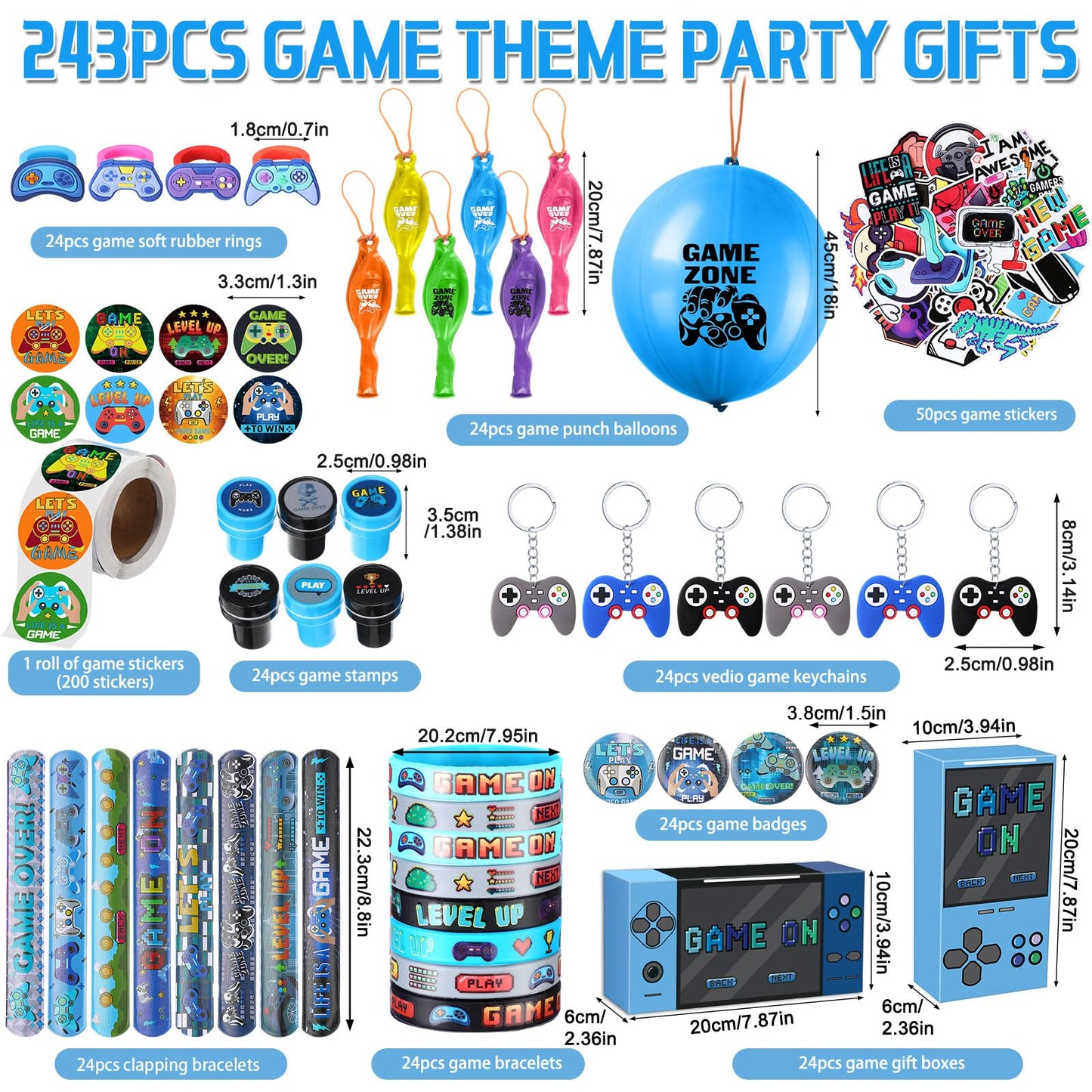 HyDren 243 Pcs Video Game Party Favors Includes Video Game Goodie Treat Boxes Punch Balloons Silicone Bracelets Keychains Badges