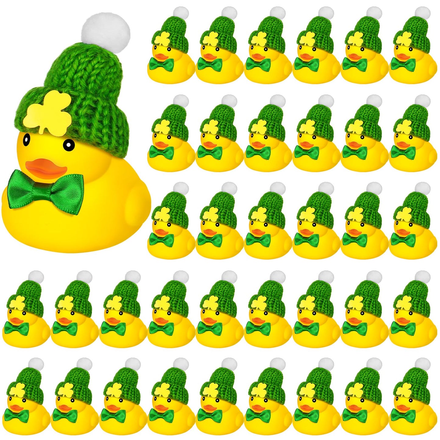 Liliful 36 Pcs St. Patrick'S Day Rubber Ducks With Hats & Bows, Small Yellow Ducks, Green Hats & Bows, Squeaky, Floating, Bath T